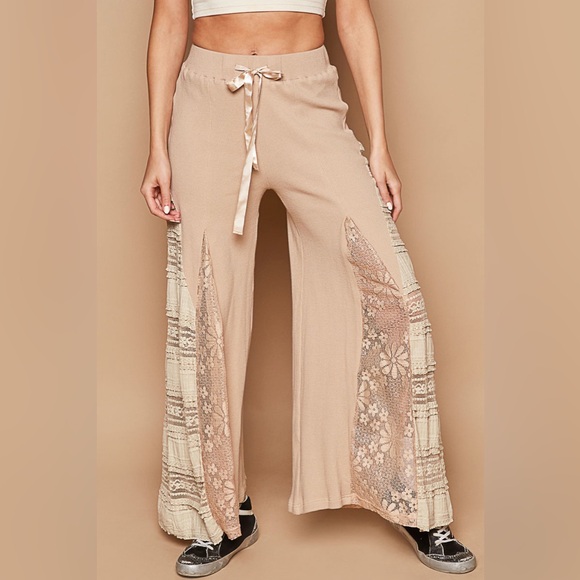 339. POL LAST 1! Wide Leg Pant & Lace Dress Top Tan Pull On Drawstring 2 Piece - Picture 3 of 6